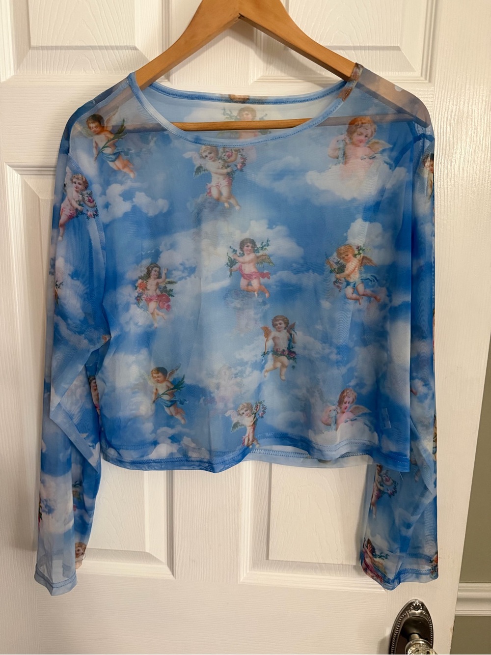 Blue Cherub Print Mesh Long-Sleeve Top,3XL